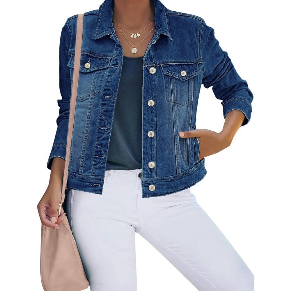 Women's Button Down Stretch Fitted Long Sleeves Denim Jean Jacket Vintage Blue
